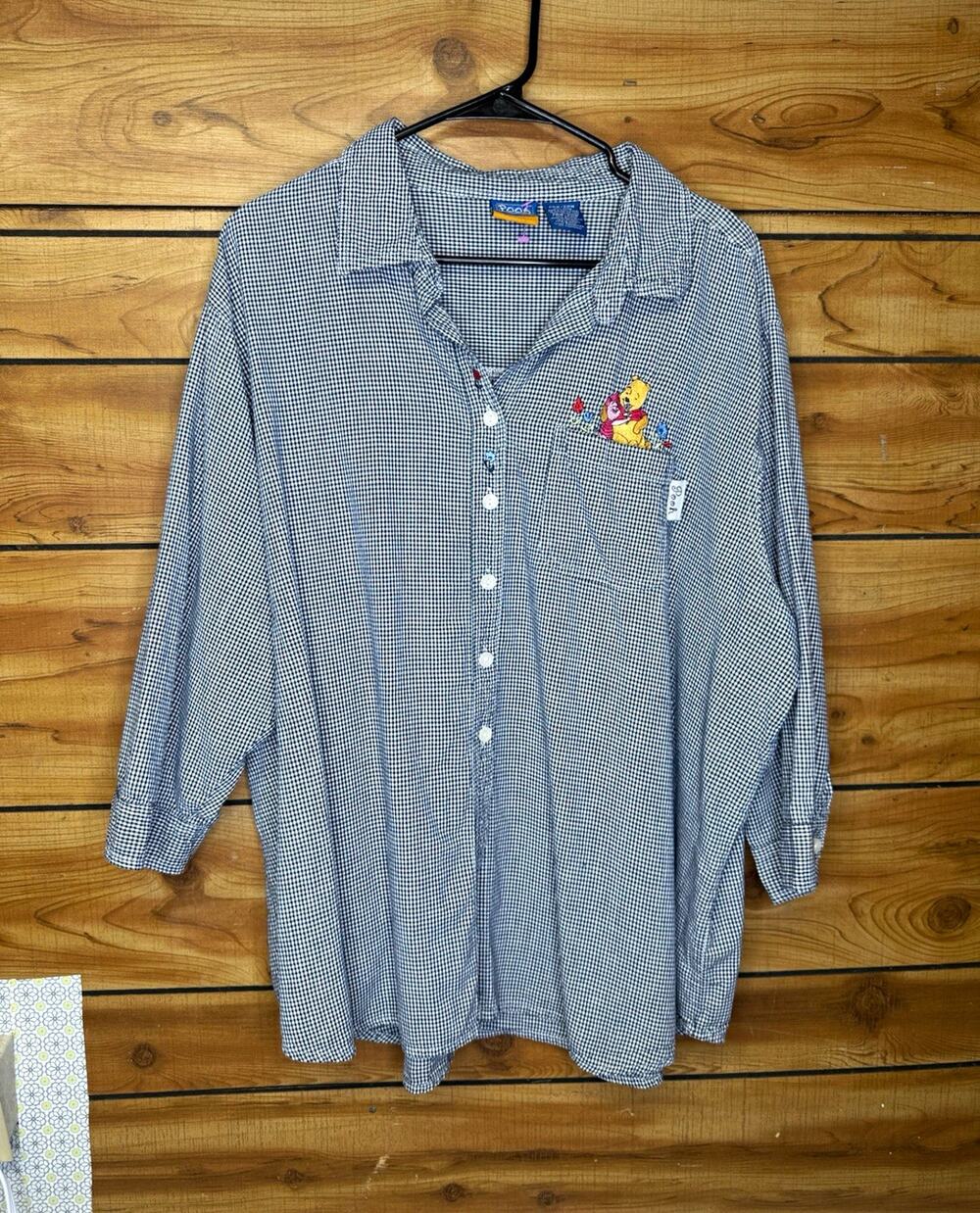 Y2K Winnie the Pooh Gingham Button-Up Embroidered Pocket 26W/28W Black/White